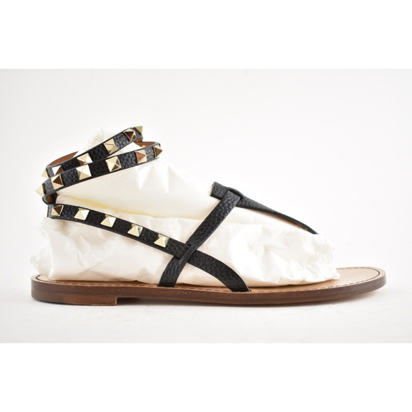 Valentino Rockstud Black Leather Thong Wrap Around Strap Flat Slide Sandal 36.5 - Picture 3 of 11